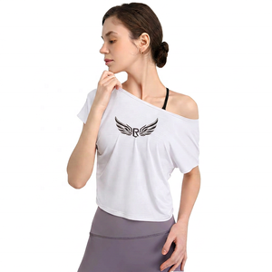 Women Plus Size Adults <b>Off</b>-<b>The</b>-<b>Shoulder</b> Yoga <b>Top</b> <b>Pink</b> Short Sleeve Loose Fit Breathable Solid with Wing Logo Front Print - Product Image 6