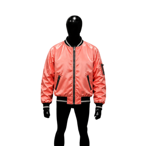 Chaqueta Varsity de Satén Rosa Coral Premium para Hombre y Mujer, Chaqueta Bomber Brillante Personalizada al por Mayor con Rayas Blancas y Negras en el Cuello, en Oferta - Product Image 1