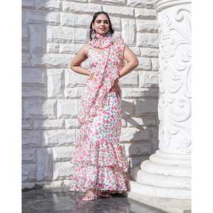 Sari en mousseline de georgette rose floral, doux, durable, toutes saisons, élégant, imprimé, à volants, style Bollywood, séchage rapide - Product Image 6