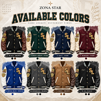 ZONA STAR Blouson universitaire unisexe en laine avec manches en cuir véritable marron foncé, patch brodé, réversible, doublure polaire, col montant
