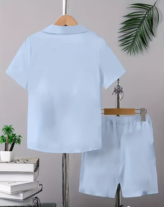 Men's Solid Color Short Sleeve Shirt Shorts Set Breathable Woven Casual Summer Wear Light Blue Drawstring Pants Outfit - Product Image 2