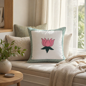 Floral Lotus Hand Block Cushion Cover Cotton Square <b>Throw</b> Pillow Cover <b>for</b> Sofa <b>Couch</b> Home Decoration - Product Image 1