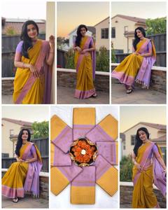 Sari Tradicional de Algodón y Seda Suave en Amarillo Mostaza con Borde Pastel en Contraste, Sin Arrugas, Protección Solar, Ropa Étnica para Mujer, para Bodas - Product Image 4