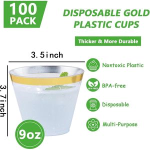 Bicchieri di Plastica Trasparenti Usa e Getta da 9OZ - 100 Pezzi, Resistenti, Senza BPA, con Bordo Dorato per Feste e Ricevimenti di Nozze - Product Image 3