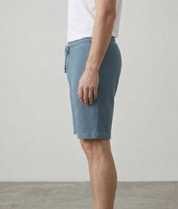 Pantalones Cortos Bermuda para Hombre, Tela Oxford Transpirable, Cintura Media, Cierre de Botones, Bolsillos, Color Azul Sólido, Casual, Algodón - Product Image 2