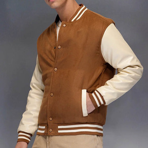 Veste varsity en daim marron pour homme avec manches crème, col rabattu, fermeture boutonnée, vêtement décontracté pour l'automne - Product Image 1