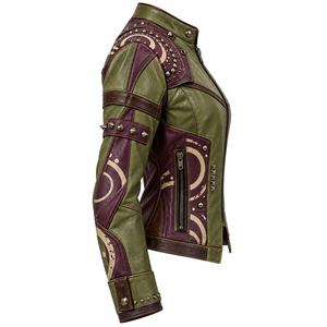 Olive Green Plum <b>Women</b> Leather Jacket Graphic Printed Biker Studded Stand Collar <b>Coat</b> OEM Custom Order Wholesale Manufacturer - Product Image 3