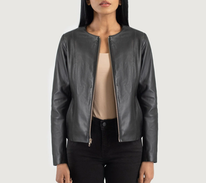 <b>Leather</b> Bomber <b>Jacket</b> Women <b>Men</b> Unisex Black Zipper Closure Solid Color Autumn Winter Wear Regular Fit Slim Style Eco-Friendly - Product Image 1