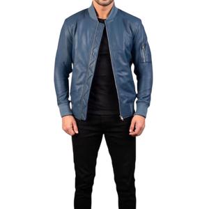Blue <b>Leather</b> Bomber <b>Jacket</b> For step up your style game this season with our Blue <b>Leather</b> Bomber <b>Jacket</b> for Men MADE BY HAIDIIII - Product Image 2