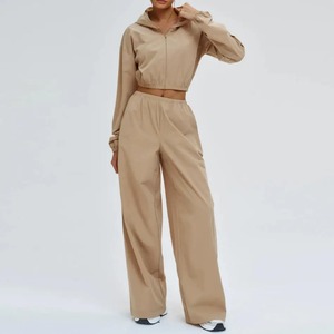 <b>Women's</b> Cream Hooded Crop <b>Jacket</b> Full Sleeve Zipper Front Solid Color Loose Fit Casual Tracksuit With Side Pockets Autumn Wear - Product Image 5