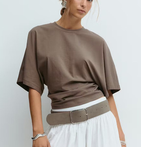 Camiseta Corta Blanca para Mujer, Estilo Holgado, Hombros Caídos, Manga Corta, Cuello Redondo, Color Sólido, Algodón Jersey, Transpirable - Product Image 4