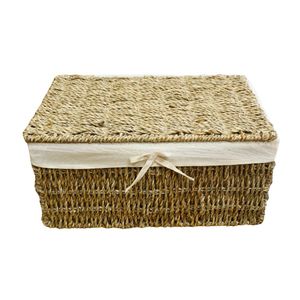 Cesta de Almacenamiento de Mimbre y Hierba Marina con Tapa y Forro de Algodón – Cesta Rectangular con Marco Metálico para Regalo - Product Image 1