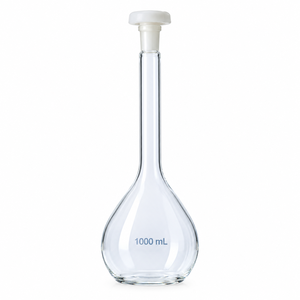 Fiole volumétrique de laboratoire de 1000 ml, classe A, avec bouchon ergonomique en PP et certificat DIN EN ISO 1042 - Product Image 1