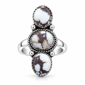 Bague ajustable en turquoise motif cheval sauvage, style bohème western, avec 3 pierres ovales, grand bijou fantaisie fait main - Product Image 4