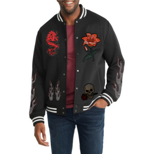 Chaqueta Letterman Negra para Hombre, 100% Lana, Cierre Triple, Bordado Floral de Dragón Rojo, Diseño de Llama en la Manga, Ropa Casual de Invierno - Product Image 1