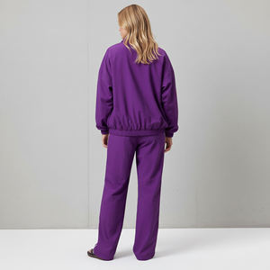 Ensemble de survêtement deux pièces violet pour femme, coupe ample, manches longues, col montant, fermeture éclair, pantalon large, toutes saisons, style sportif - Product Image 2