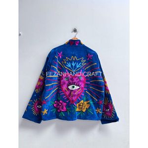 Blouson en velours brodé pour femme, bleu, manches longues, col montant, tenue d'automne, motif artisanal - Product Image 5