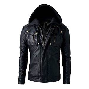 Men's Black PU Leather Hooded <b>Jacket</b> Moto <b>Biker</b> Style Zipper Closure Slim Fit Solid Color Autumn Wear - Product Image 1