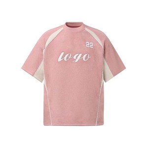 Camiseta rosa de manga raglán con ribete en contraste y estampado de logotipo frontal, estilo casual de punto, corte holgado para hombre - Product Image 2
