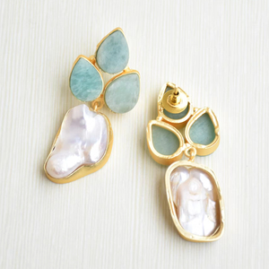 Boucles d'oreilles classiques en perles avec pierre précieuse naturelle, perle polie plaquée or et bijoux de qualité fabriqués à la main - Product Image 6