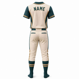 Conjunto de Uniforme de Béisbol para Hombre, Color Crema y Verde, Manga Corta, Cierre de Botones, Transpirable, Pantalones de Jersey de Poliéster con Nombre y Número - Product Image 3