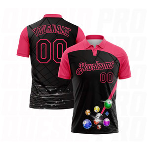 เสื้อโปโลสีดำนีออนชมพูแบบกำหนดเอง สำหรับนักบิลเลียด คุณภาพพรีเมียม สำหรับเล่นกีฬา ปักโลโก้ ชื่อทีม ด้วยเทคนิคซับลิเมชั่น - Product Image 1