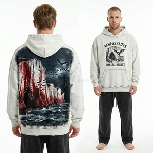 Custom Acid Wash Hoodie Men Vintage Oversized Pullover Vampire Cliffs Graphic Printed Streetwear Heavyweight French Terry Hoody - Product Image 1