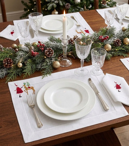 Custom Wholesale Vintage Embroidered Santa Claus Reindeer Christmas Placemat Napkin Set White Cotton Washable Mats Home Holidays - Product Image 4