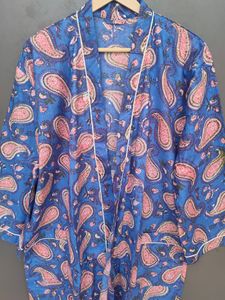 Bata de dormir para mujer con estampado de cachemira azul, manga larga, largo completo, tejido suave, con cierre de cordón - Product Image 2