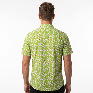 Chemise décontractée à manches courtes pour homme, imprimé floral, coton vert, col rabattu, respirante pour l'été - Product Image 2