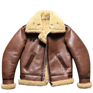 Bomber Shearling Waterproof Puffer Coat Brown Genuine <b>Sheepskin</b> Winter Aviator <b>Jacket</b> New Style OEM Wholesale - Product Image 1