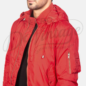 Custom <b>Men</b> Red Hooded Bomber <b>Jacket</b> Windproof Casual <b>Flight</b> <b>Jacket</b> with Detachable Hood and Sleeve Zipper Pocket Coat - Product Image 6