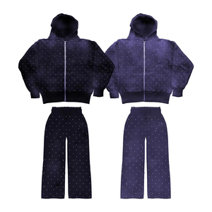 Ensemble de survêtement élégant à capuche orné de strass, veste zippée à manches longues et pantalon de jogging assorti, tenue de sport pour l'entraînement et le fitness - Product Image 4