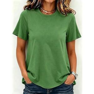 T-shirt décontracté vert uni pour femme, col rond, manches courtes, en velours tricoté avec décoration plumes, coupe décontractée, léger et écologique - Product Image 1