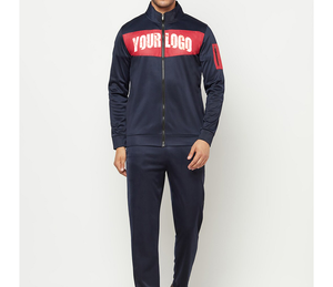 Ensemble de survêtement sportif bleu marine pour homme avec logo rouge imprimé, fermeture éclair avant, tissu FRENCH TERRY 100% polyester, vêtements d'automne - Product Image 1