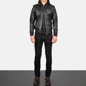 Men's Black Polyester Eco-friendly <b>Fur</b> <b>Trim</b> Moto Jacket Zipper Closure Crew Neck Slim Fit Regular Length Spring Wear - Product Image 1