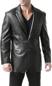 Men's Black Genuine Leather <b>Jacket</b> Slim Fit Single Breasted Turn-down Collar <b>Smart</b> Casual Style Regular Sleeve - Product Image 3
