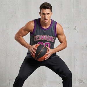Maillot de basket gris et violet pour homme, col rond, sans manches, en mesh, sublimé, nom de l'équipe 00, anti-transpiration, antibactérien, 100% - Product Image 5