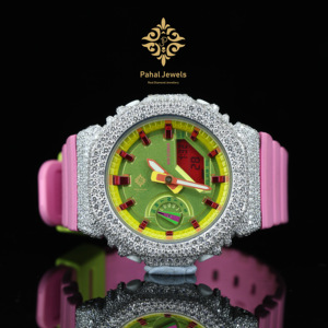 Pahal Jewels Montre à quartz analogique-numérique de luxe pour femme avec boîtier en strass et bracelet en silicone rose, cadran rond de 42 mm - Product Image 1