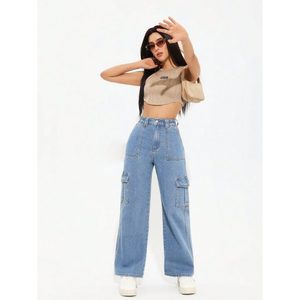 Jean cargo en denim bleu glace pour femme, style vintage, respirant, 6 poches, mode urbaine, écologique, 100 % coton, taille 26-40 - Product Image 6