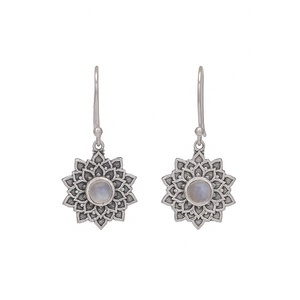 925 Sterling Silver Natural <b>Rainbow</b> Moonstone Lotus Flower Mandala Dangle Earrings Wholesale Women Boho Gemstone Jewelry - Product Image 1