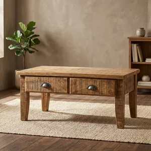 Table console rustique en bois massif avec deux tiroirs, meuble de rangement pour le salon, décoration intérieure - Product Image 4