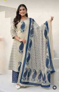 Premium 100% Cotton Sanganeri Print Three Piece Suit for Women with <b>Dupatta</b> Ethnic Wear Wholesale - Product Image 1