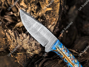 มีดเหล็กดามัสกัสตีขึ้นรูปด้วยมือ ใบมีดแบบดรอปพอยต์ สำหรับเอาตัวรอด ตั้งแคมป์ ล่าสัตว์ ด้ามจับรูปทรงกรวยสน พร้อมปลอกหนัง ขายส่งราคาดีที่สุด - Product Image 5