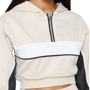 Women's Regular Fit Winter Solid Washed <b>Crop</b> Top <b>Jogger</b> Set Custom Logo Zippered Hoodie Shorts Printed 100% Cotton Fleece - Product Image 2