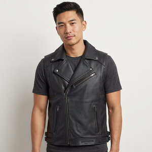 Chaleco de Motociclista de Cuero Genuino para Hombre H-D, Cuello Camisero, Cierre de Cremallera, Color Negro Sólido - Product Image 2