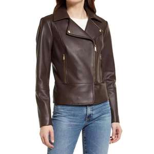 Chaqueta de Cuero Genuino para Mujer, Color Marrón Oscuro, Estilo Moto, Cierre Asimétrico, Corte Ajustado, Elegante, Chic, de Lujo, Estilo Biker, Ropa Urbana - Product Image 1