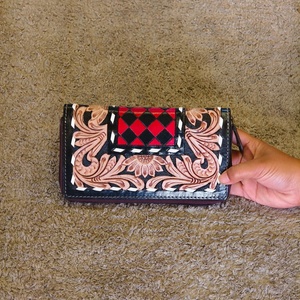 Venus Leather Were Designer Luxury Hand Tooled Carving Cowhide <b>Wristlet</b> Clutch Wallet RFID Protection Large Capacity Button - Product Image 1