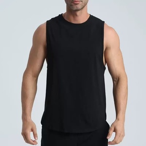 Camiseta sin mangas de punto para hombre, color sólido, cuello redondo, estilo casual, color canela con ribete oscuro - Product Image 2