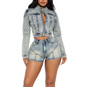 Ensemble short en denim tricoté deux pièces pour femme, de haute qualité, uni, extensible, coupe ajustée, respirant, tendance 2026 - Product Image 1